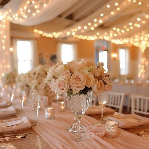 Elegant bryllupsbord med blomster, dækketøj og lyskæder